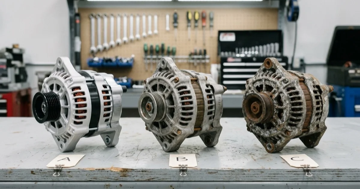 Three used alternators side by side showing Grade A, B, and C condition differences on a workbench