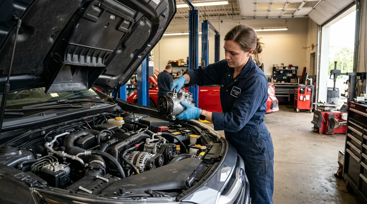 Mechanic in blue nitrile gloves removing an AC compressor from a car engine bay in a professional auto repair shop