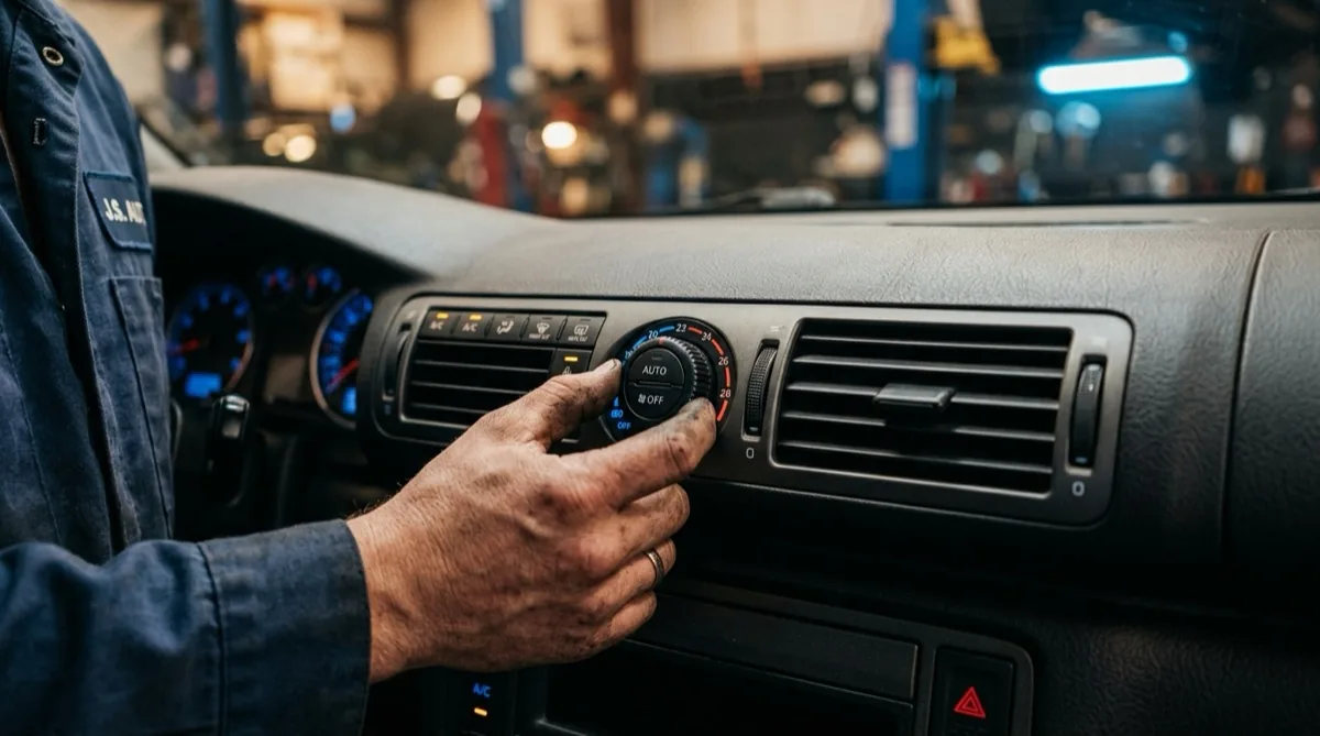 A car dashboard AC vent with temperature controls showing a vehicle air conditioning system that needs repair