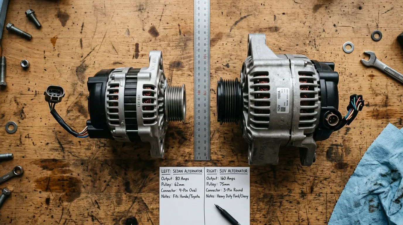 Two alternators from different vehicles compared side by side showing mounting points and connectors