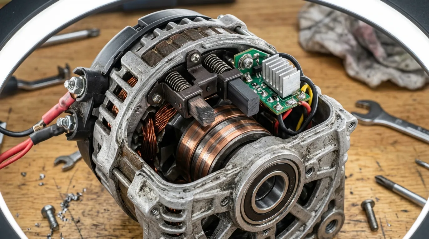 Inside an alternator showing brush assembly, voltage regulator, and rear bearing with wear indicators