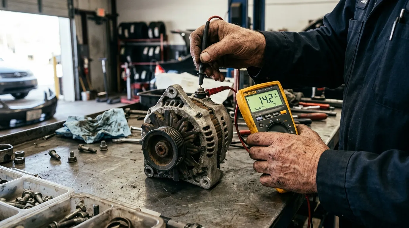 Mechanic testing a used alternator with a multimeter showing 14.2V on the display