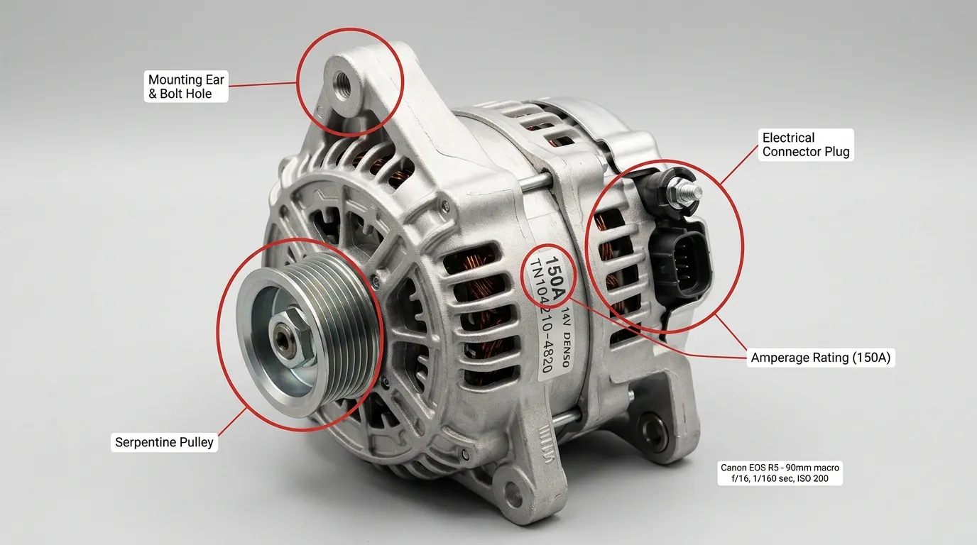 Annotated alternator showing mounting bolt holes, electrical connector, pulley, and 150A amperage label