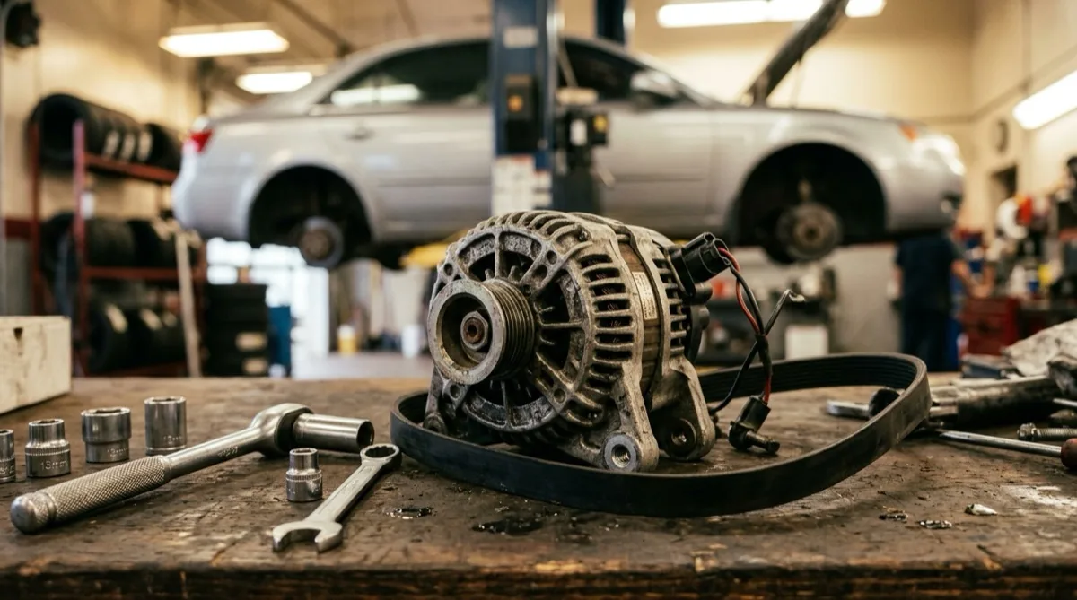 An automotive alternator on a shop workbench with a serpentine belt and tools, a vehicle on a lift visible in the background