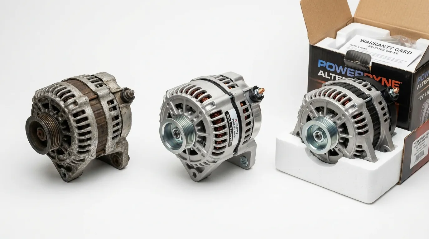 Three alternators compared: used with patina, remanufactured with new components, and new in packaging