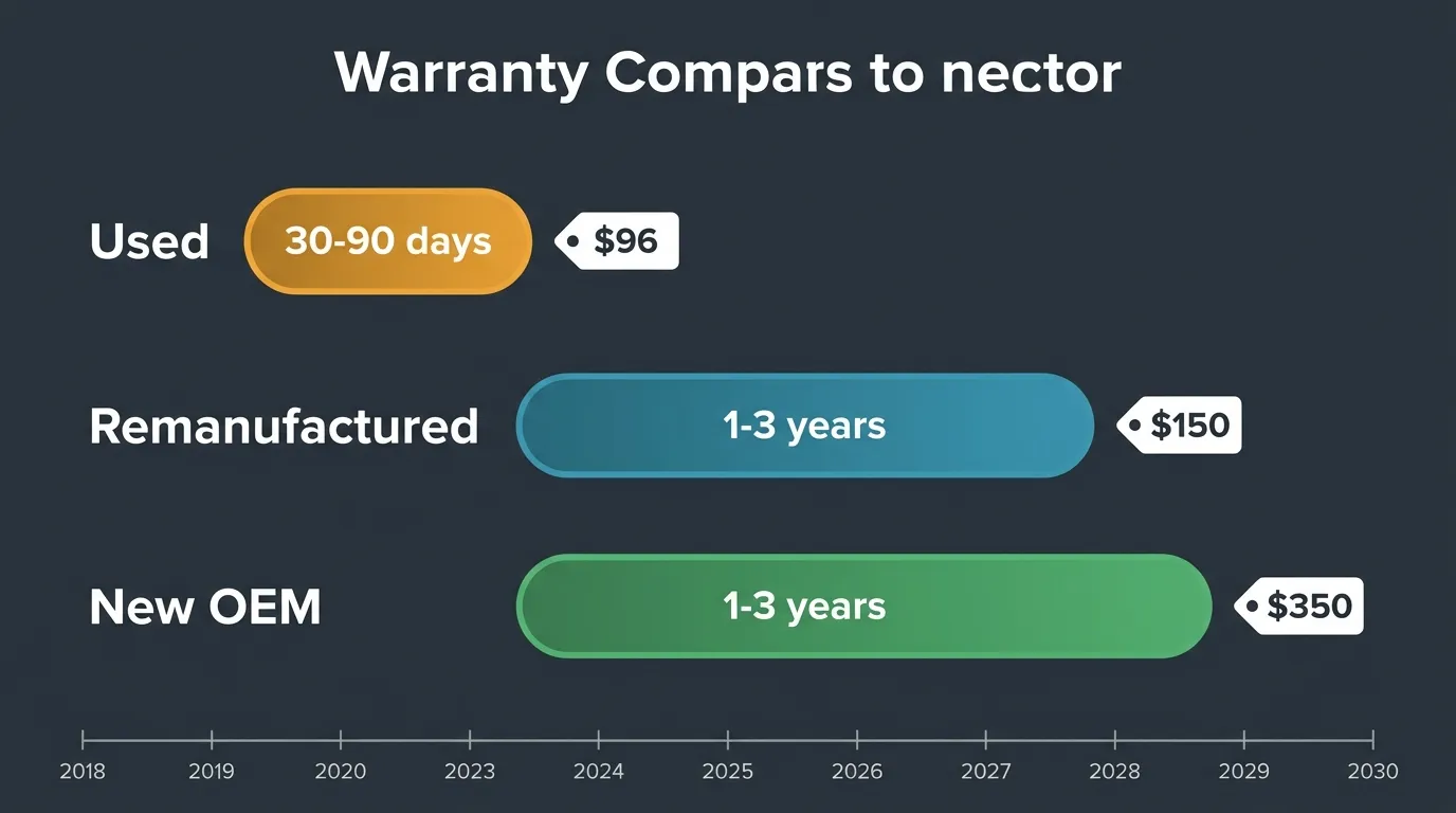Warranty comparison infographic showing used alternator 30-90 days vs remanufactured and new 1-3 years