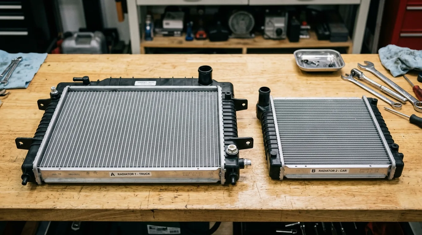 Two used radiators of different sizes side by side showing different inlet positions and mounting tabs