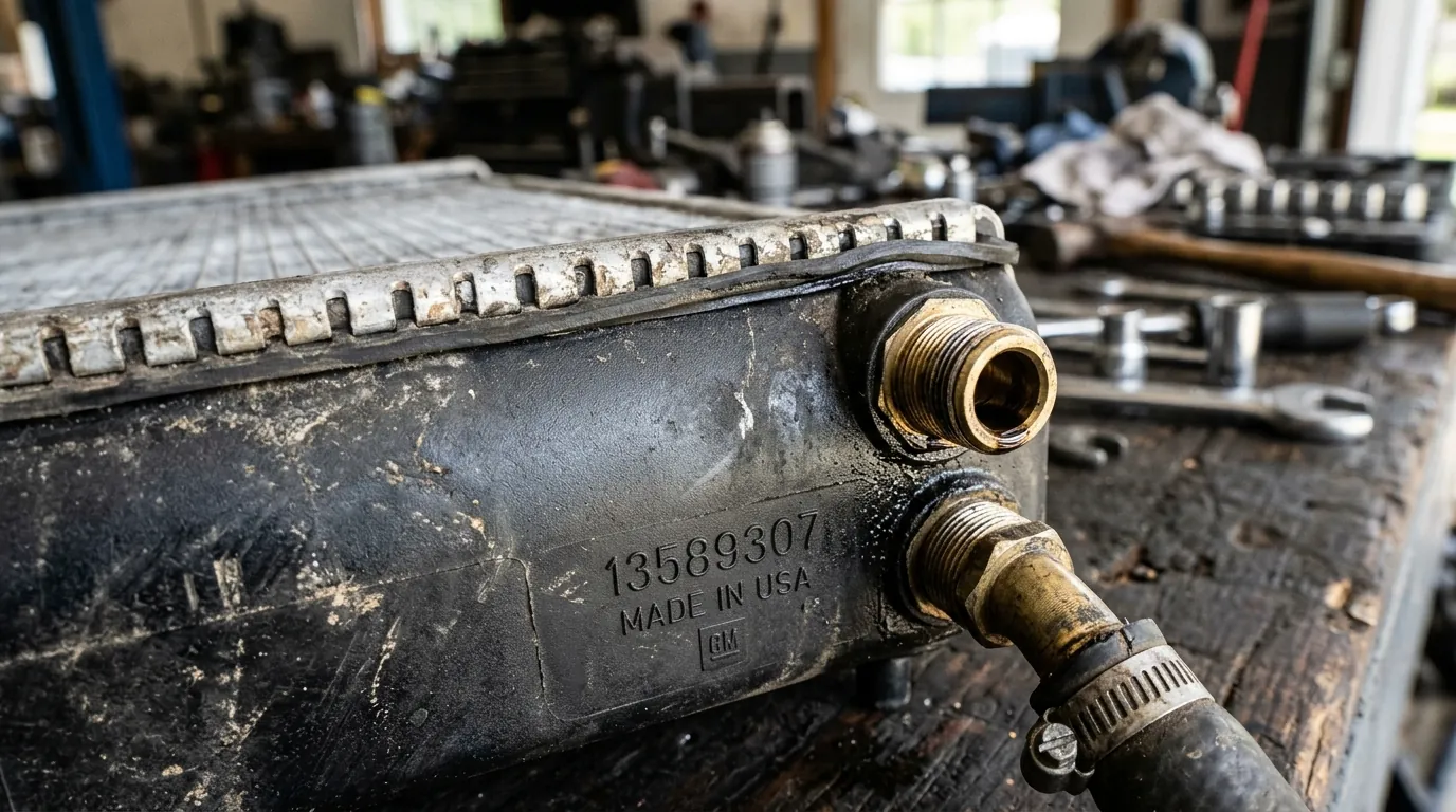 Radiator end tank showing transmission cooler ports and OEM part number