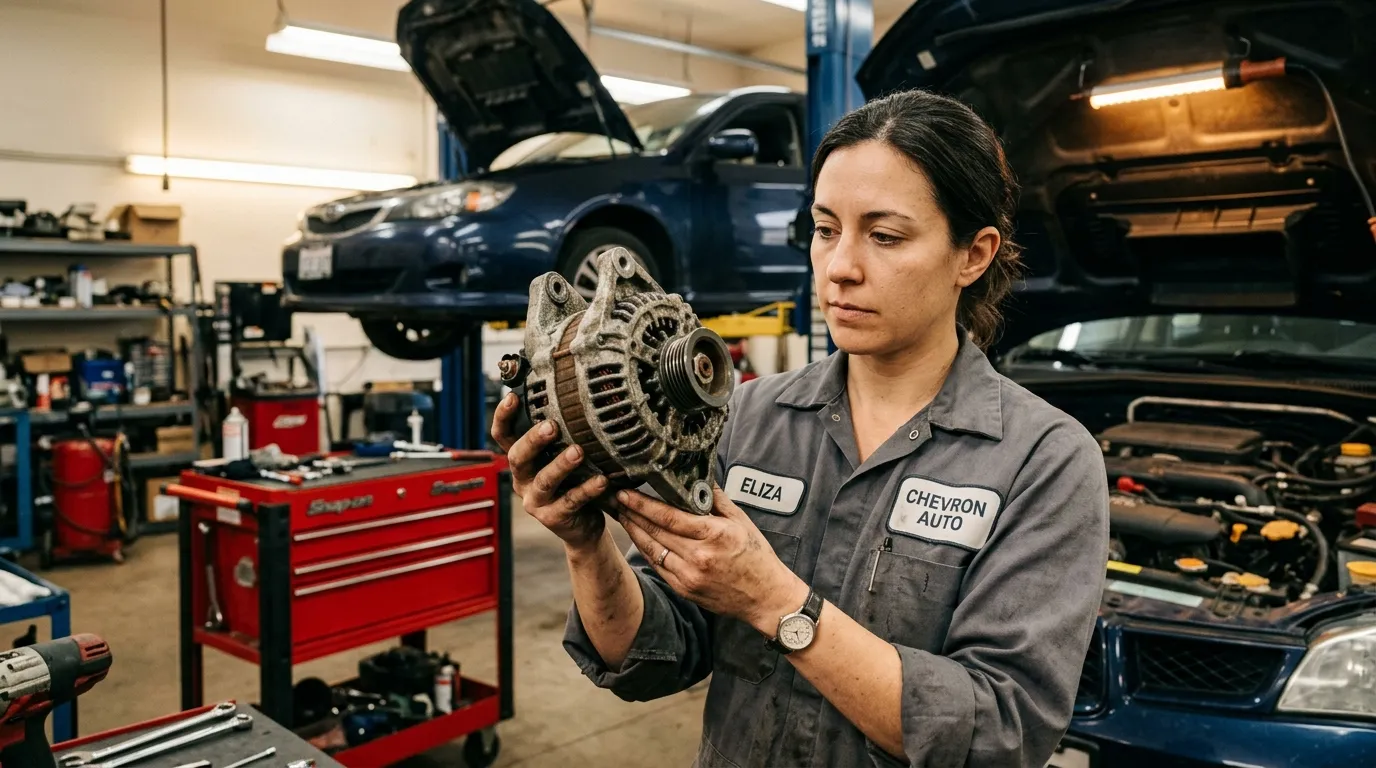 Mechanic inspecting a used alternator in a garage workshop