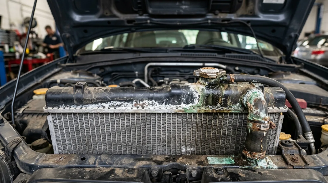 Engine bay of a car with the hood up showing a corroded radiator and coolant residue on the core