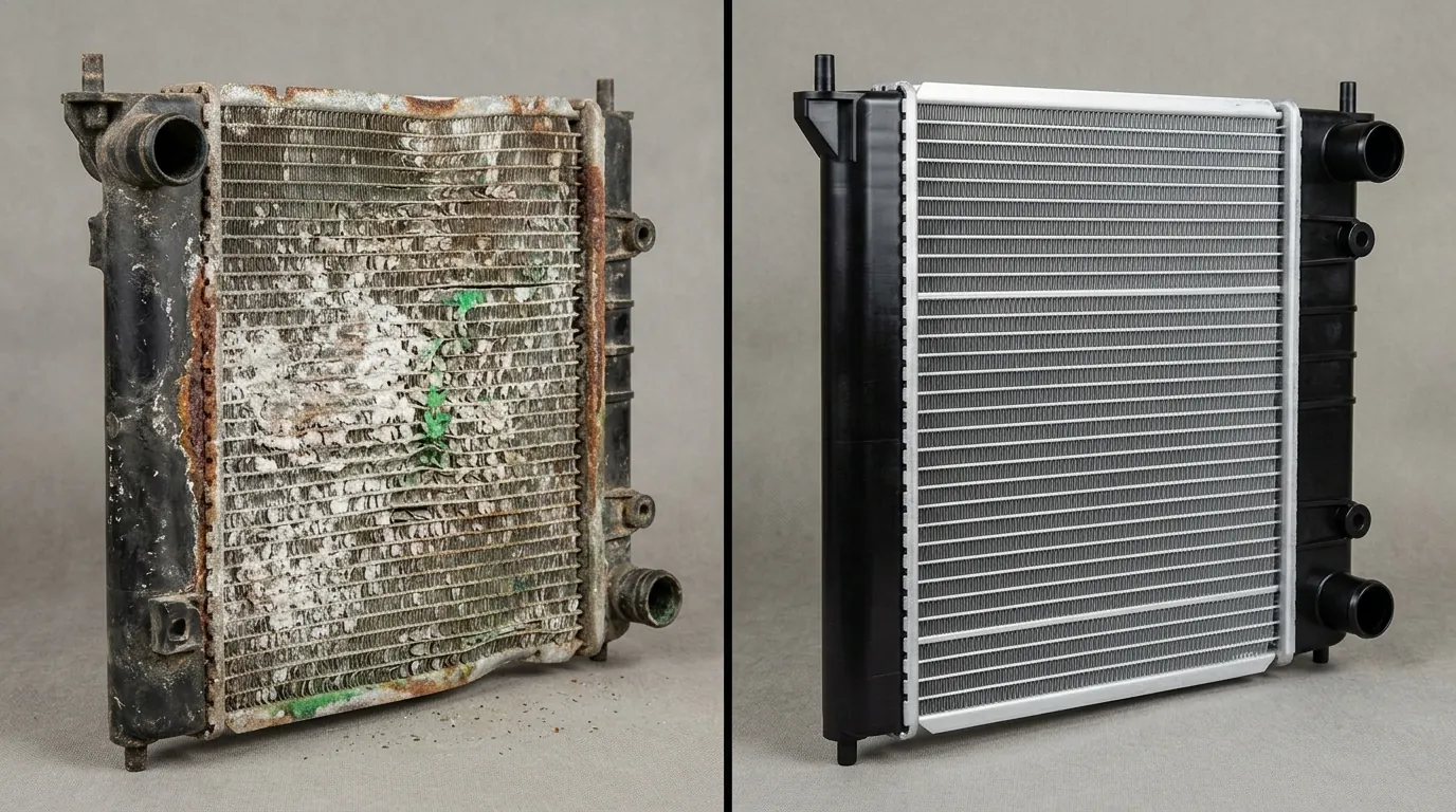 Side-by-side comparison of a corroded failing radiator and a clean pressure-tested used radiator