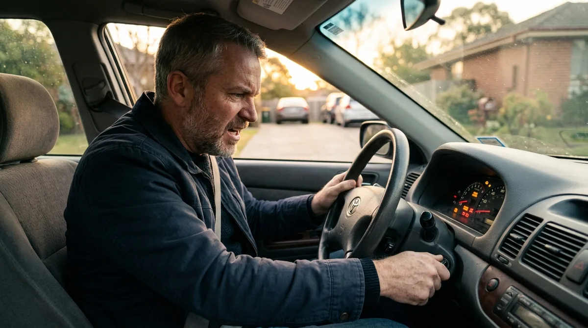 Frustrated driver turning the ignition key in a car that will not start with dashboard warning lights illuminated