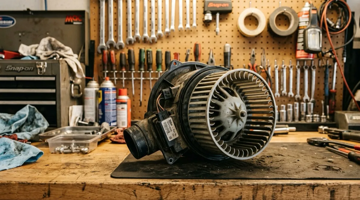 A car HVAC blower motor assembly showing the fan wheel and motor housing on a mechanic's workbench in an auto repair shop