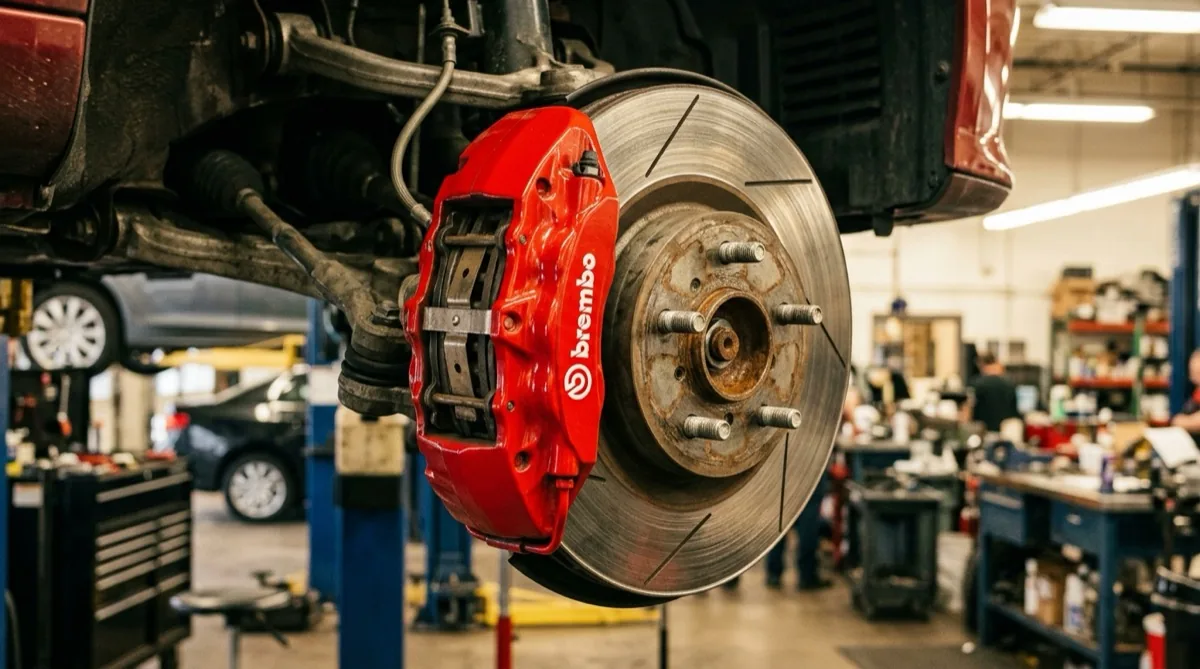 A disc brake assembly showing the brake caliper mounted over the rotor at an auto repair shop