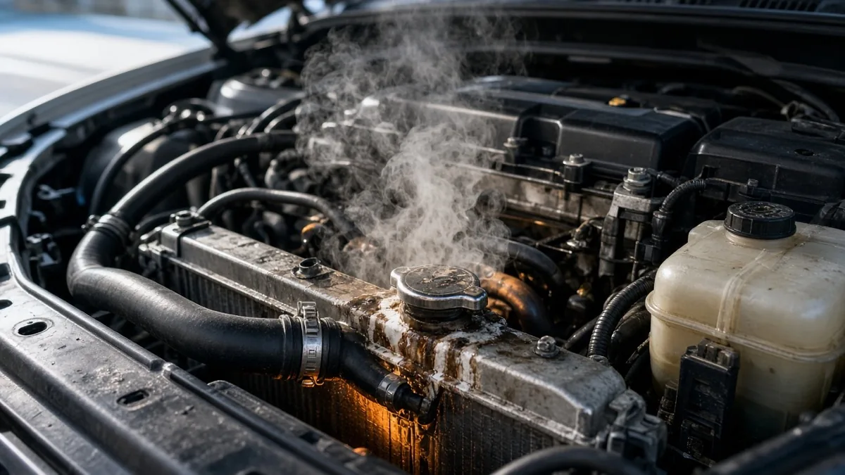 Steam rising from an overheated car engine with the hood open showing the cooling system components