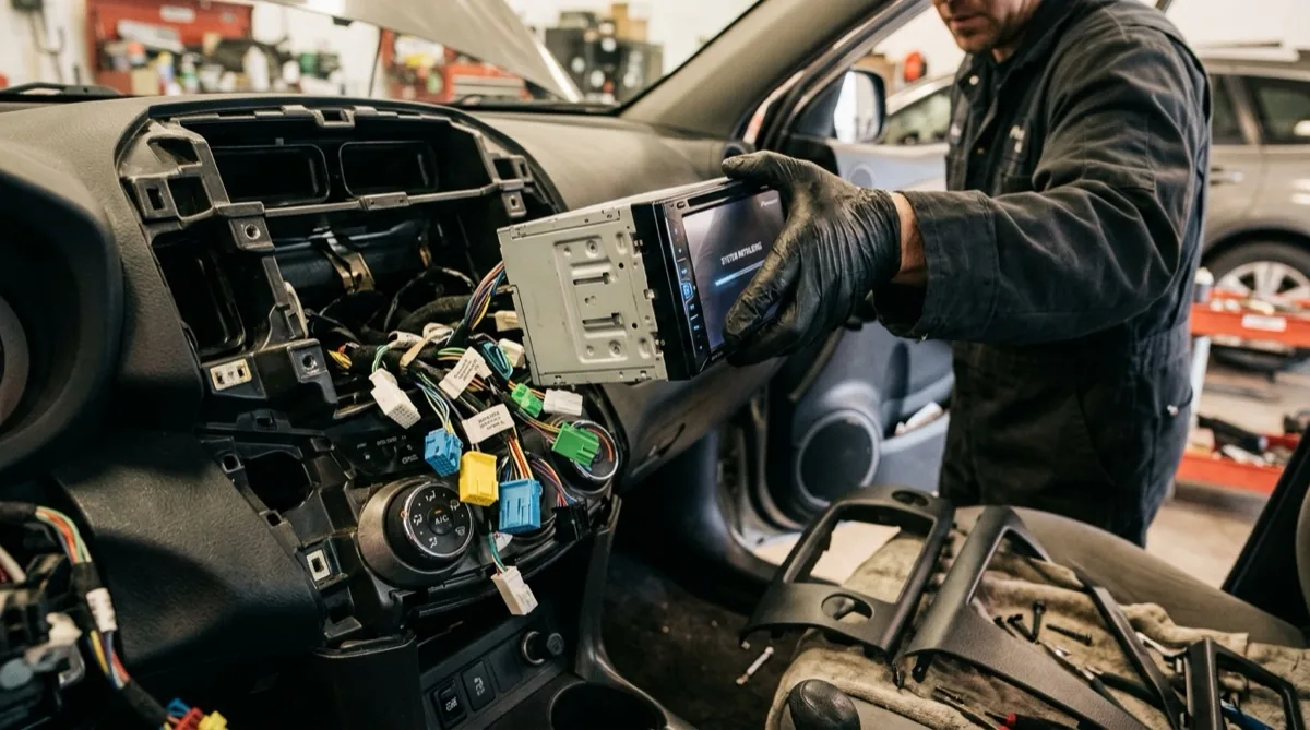 Car radio head unit being replaced in a vehicle dashboard by a mechanic