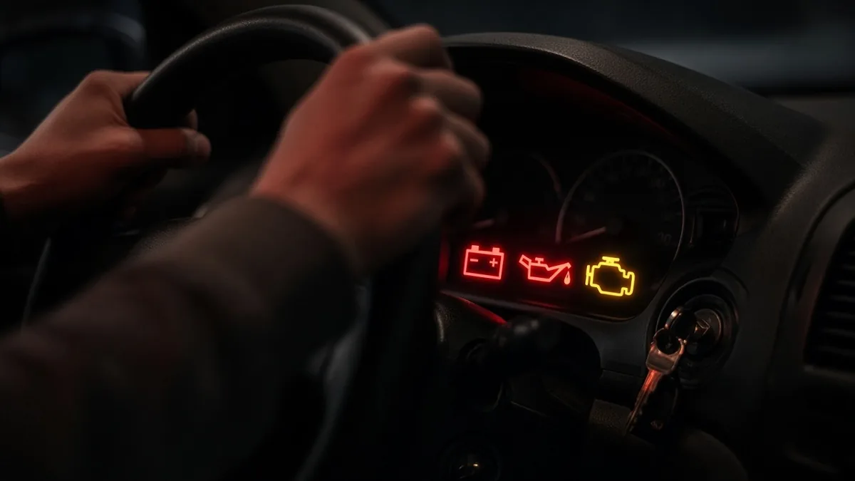 A driver turning the ignition key in a car that will not start, with dashboard warning lights illuminated.