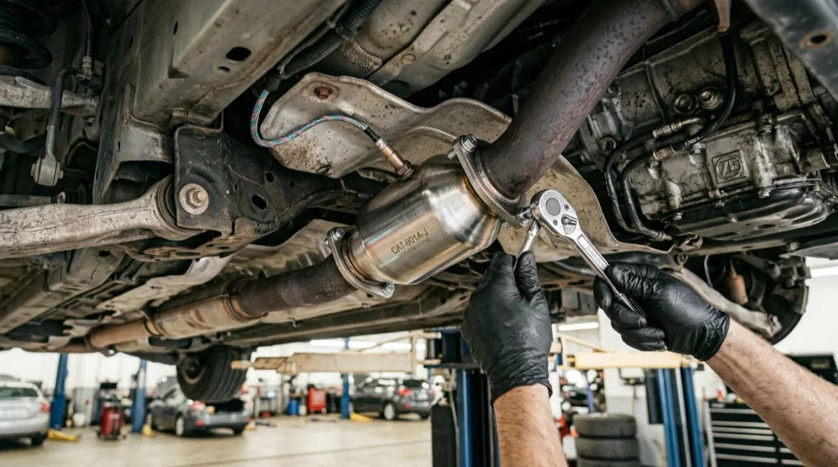A mechanic installing a new catalytic converter on the exhaust system of a vehicle raised on a shop lift
