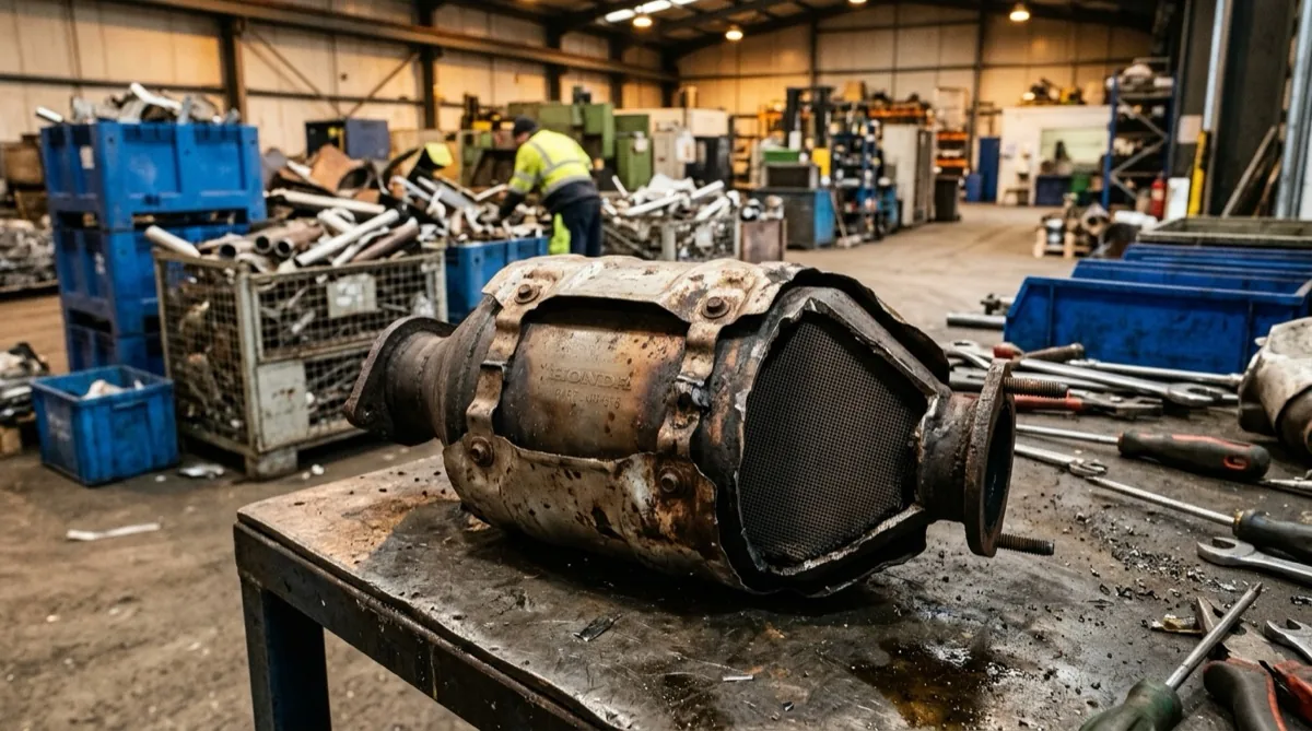 A used catalytic converter on a workbench at a recycling facility showing the heat shield and serial number stamp