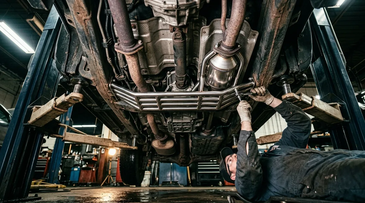Mechanic installing a stainless steel anti-theft shield cage around a catalytic converter underneath a raised vehicle