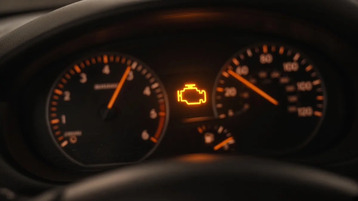 An illuminated check engine light on a vehicle dashboard indicating a powertrain fault that requires diagnosis.