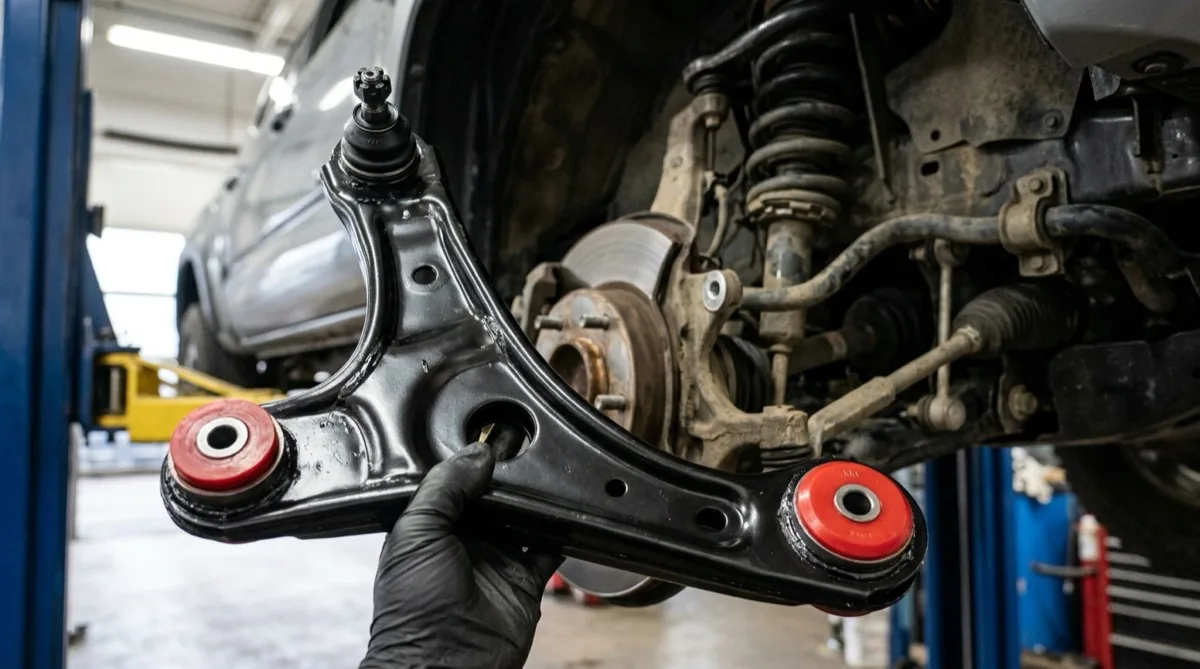 A lower control arm with ball joint and bushings sitting on a mechanic's workbench with a vehicle on a lift in the background