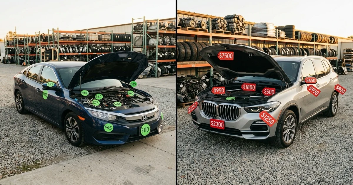Split comparison showing a budget-friendly sedan and a luxury SUV in a salvage yard with price tags on their parts