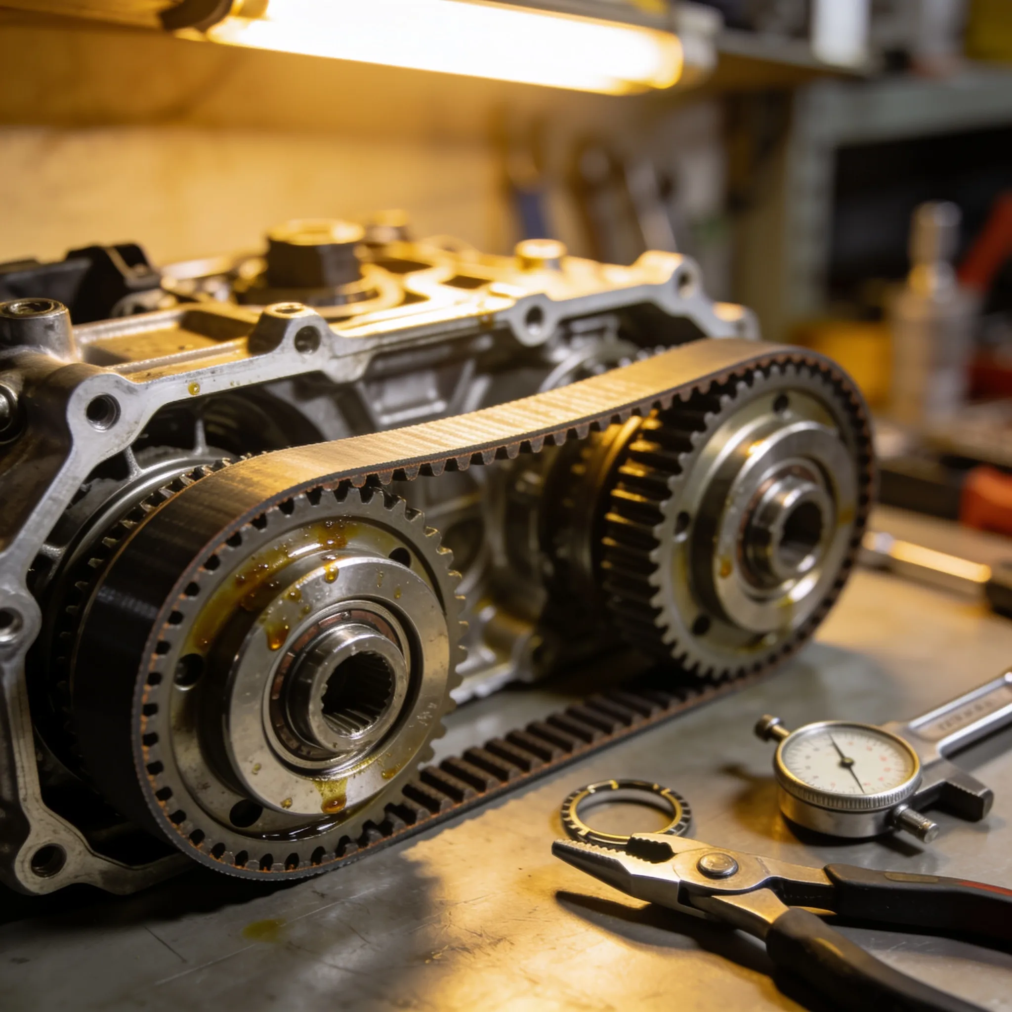 CVT transmission opened on a workbench showing the chain belt and variator pulleys