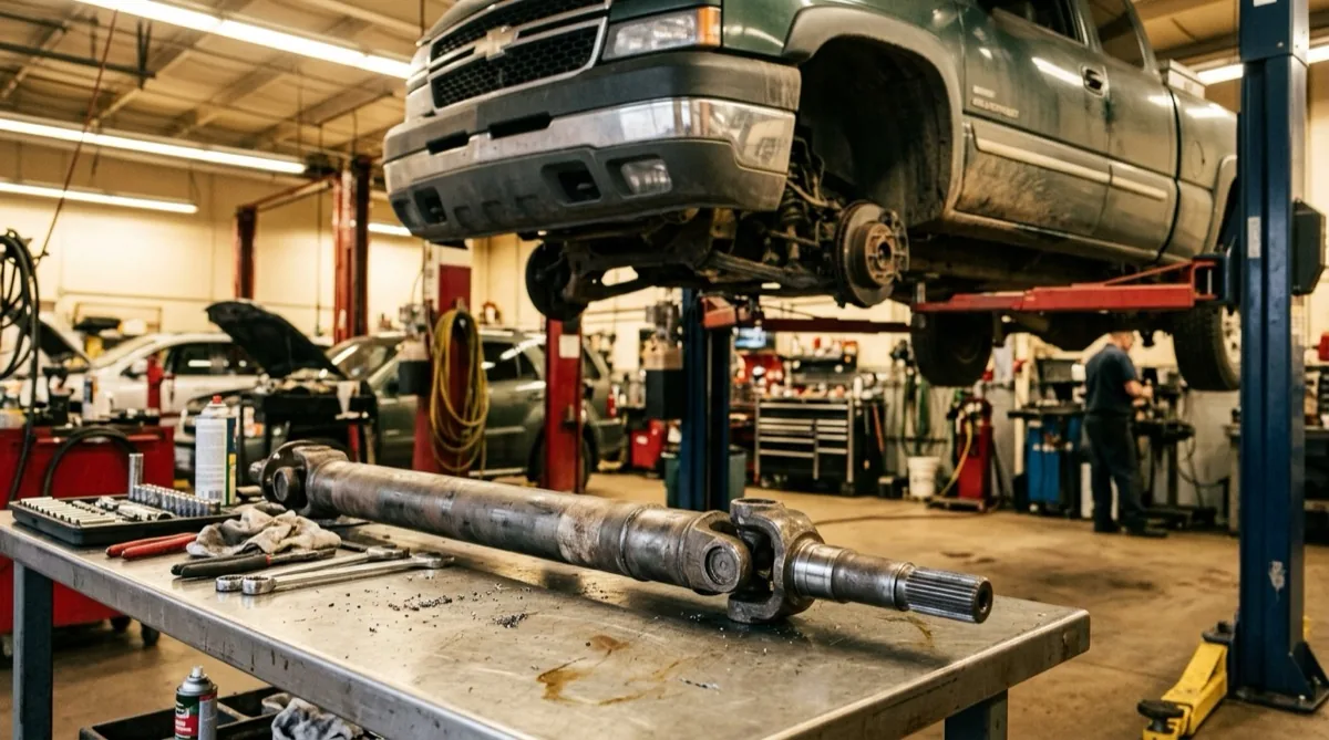 A drive shaft assembly with visible U-joints on a workbench beside a truck raised on a lift during replacement