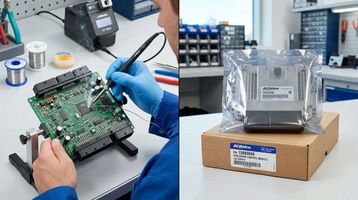 A split view showing ECM circuit board repair with a soldering iron on one side and a replacement engine control module in packaging on the other