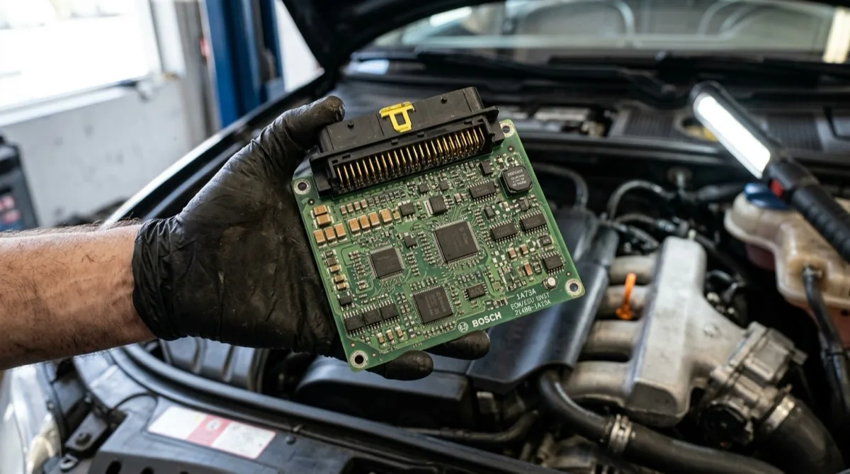 A mechanic holds an engine control module circuit board near an open vehicle engine bay in a workshop