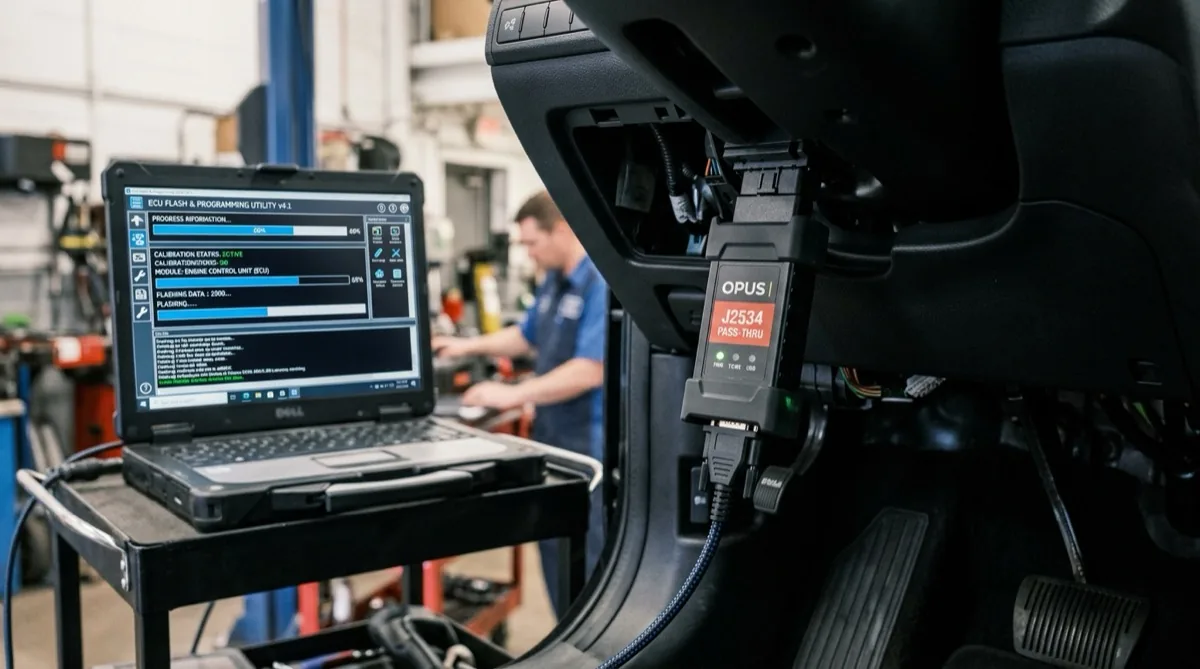 A J2534 pass-through device plugged into a vehicle OBD-II port with ECU programming software visible on a laptop screen in an automotive shop