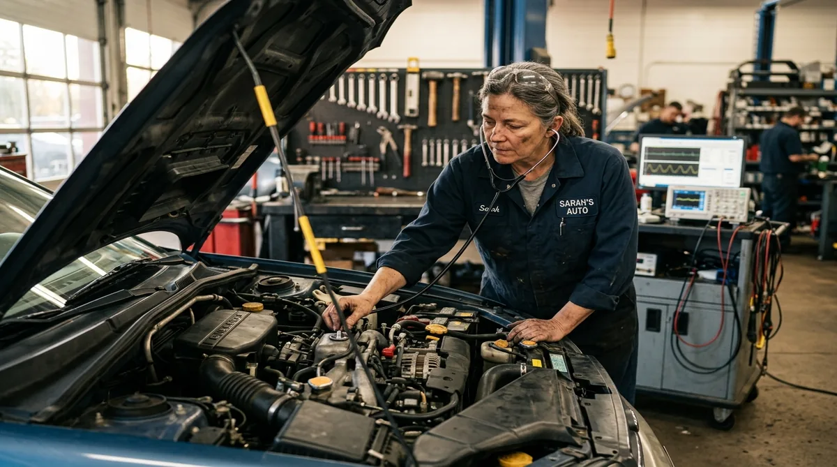 Female mechanic using an automotive stethoscope to diagnose engine knocking sounds on a running engine