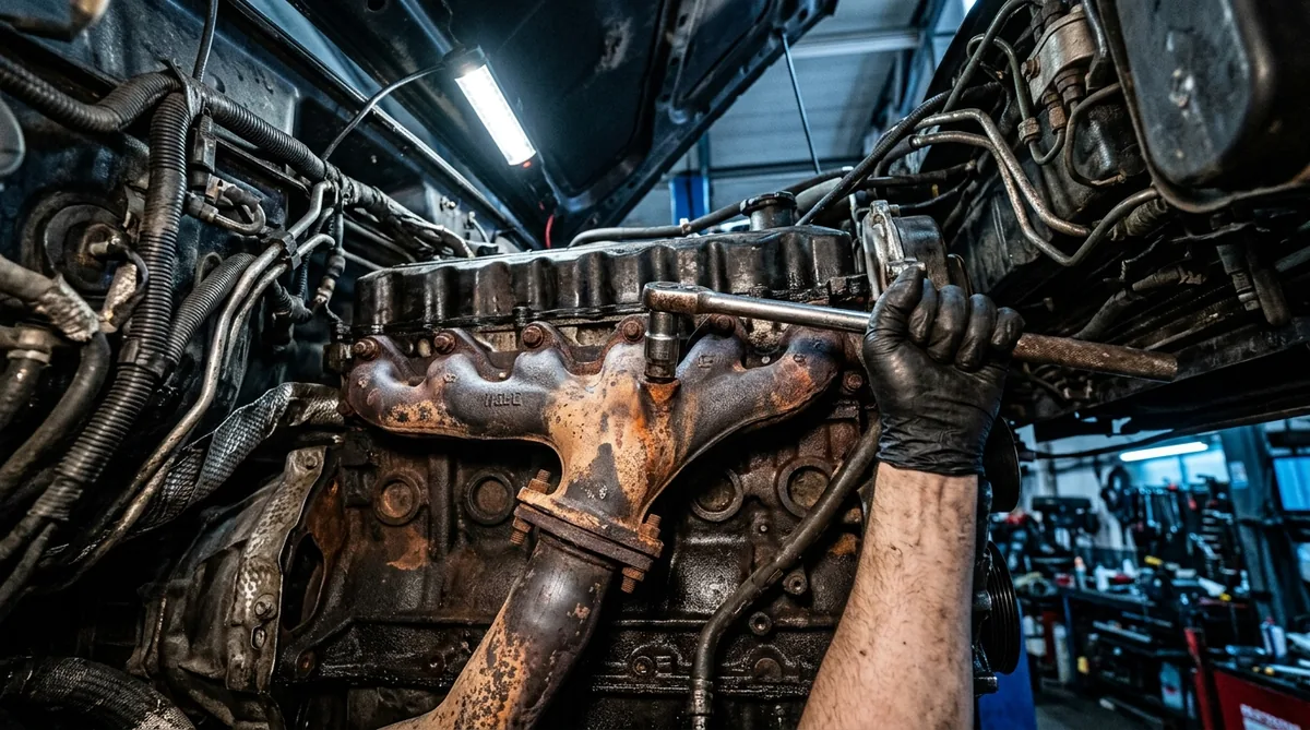 Mechanic using a breaker bar to remove a rusted cast iron exhaust manifold from an engine block