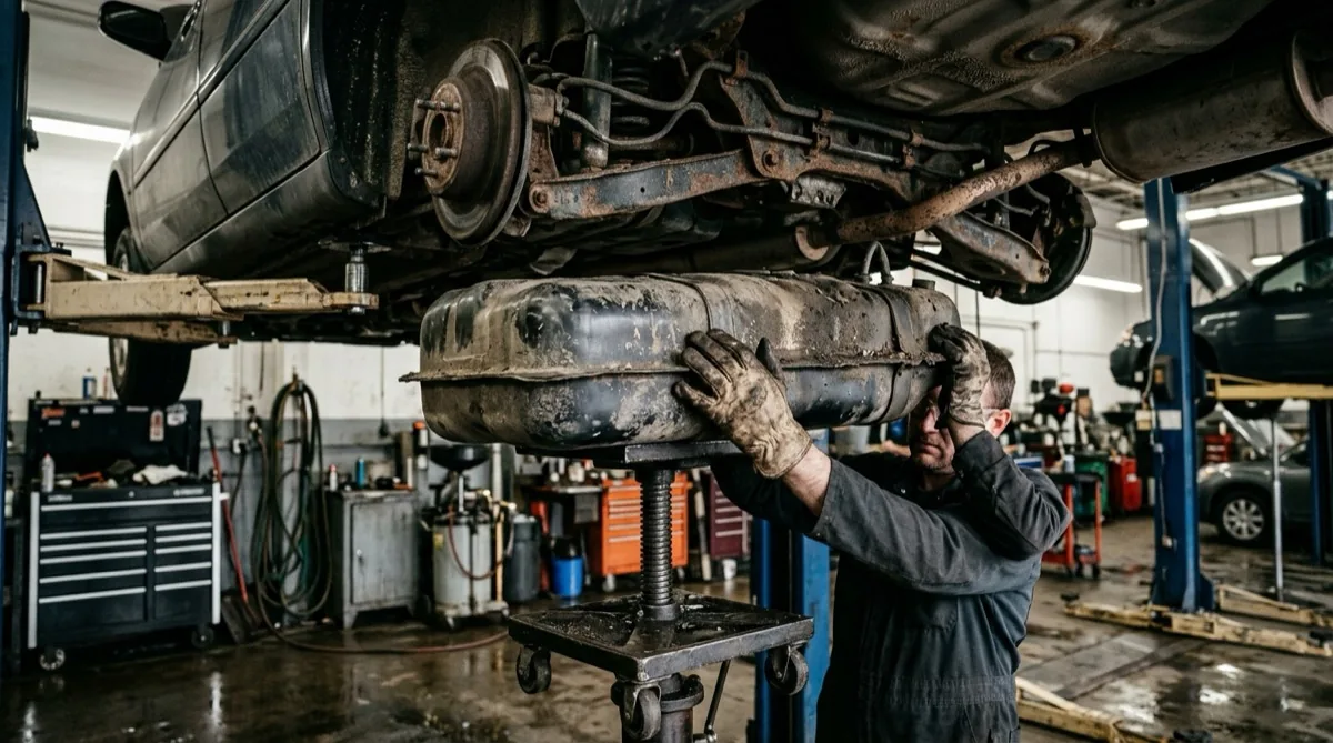 A vehicle fuel tank being lowered from under a car on a lift during replacement at a professional auto repair shop.