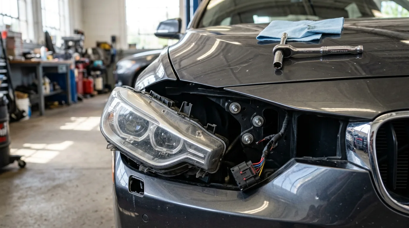 Front corner of a vehicle with the headlight assembly removed, showing mounting bolts and the wiring connector in the engine bay