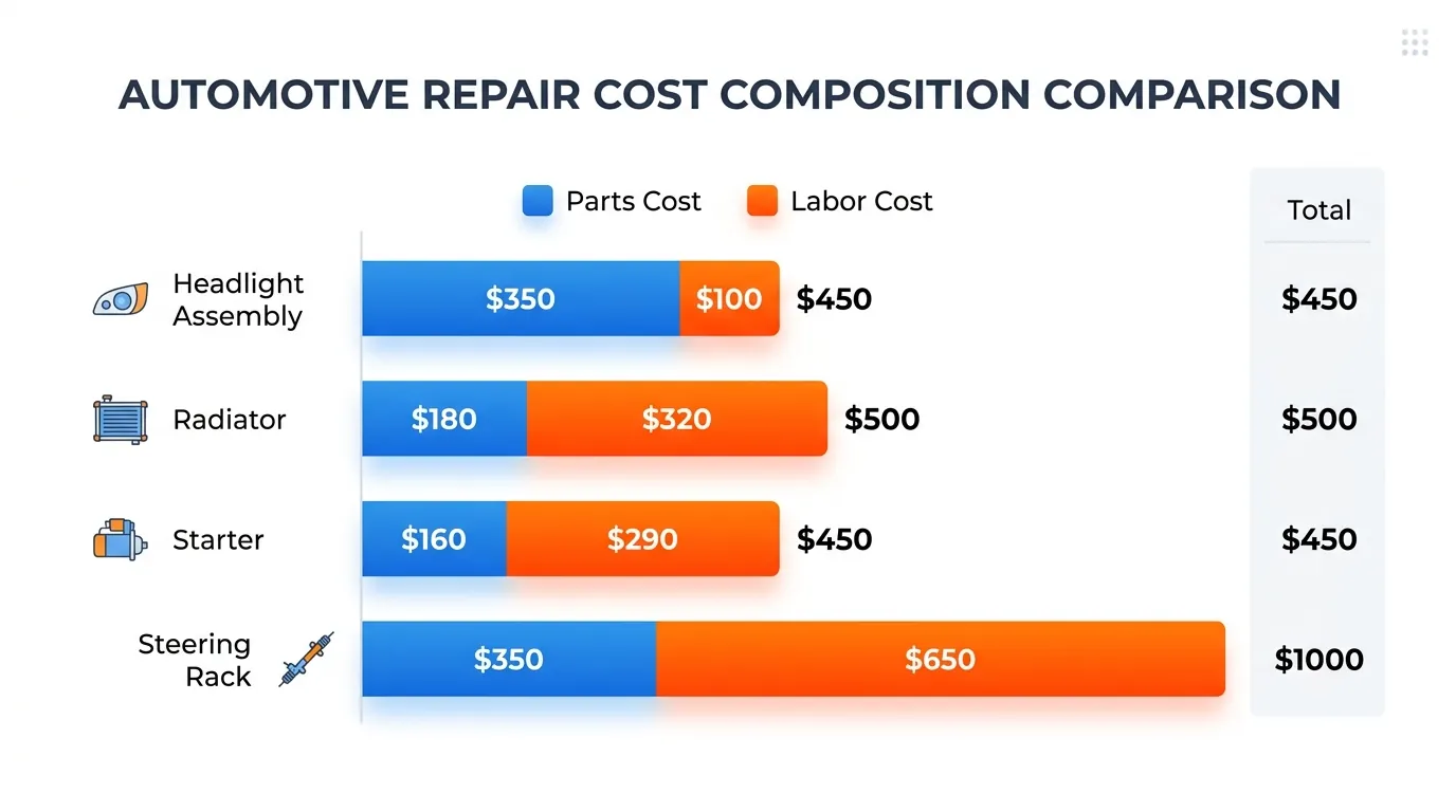 Chart comparing part cost versus labor cost share across headlight, radiator, starter, and steering rack replacement