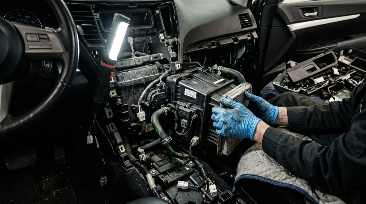 A car dashboard partially removed during heater core replacement, exposing the HVAC housing and wiring behind the instrument panel.