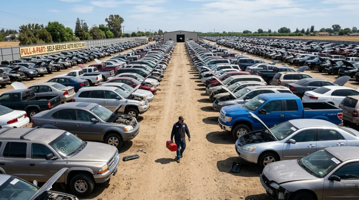 Rows of vehicles at a self-service junkyard where buyers pull their own used auto parts