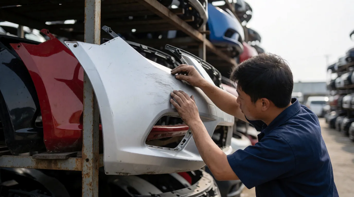 Person using a flashlight to read the manufacturer paint code sticker inside a car's driver door jamb