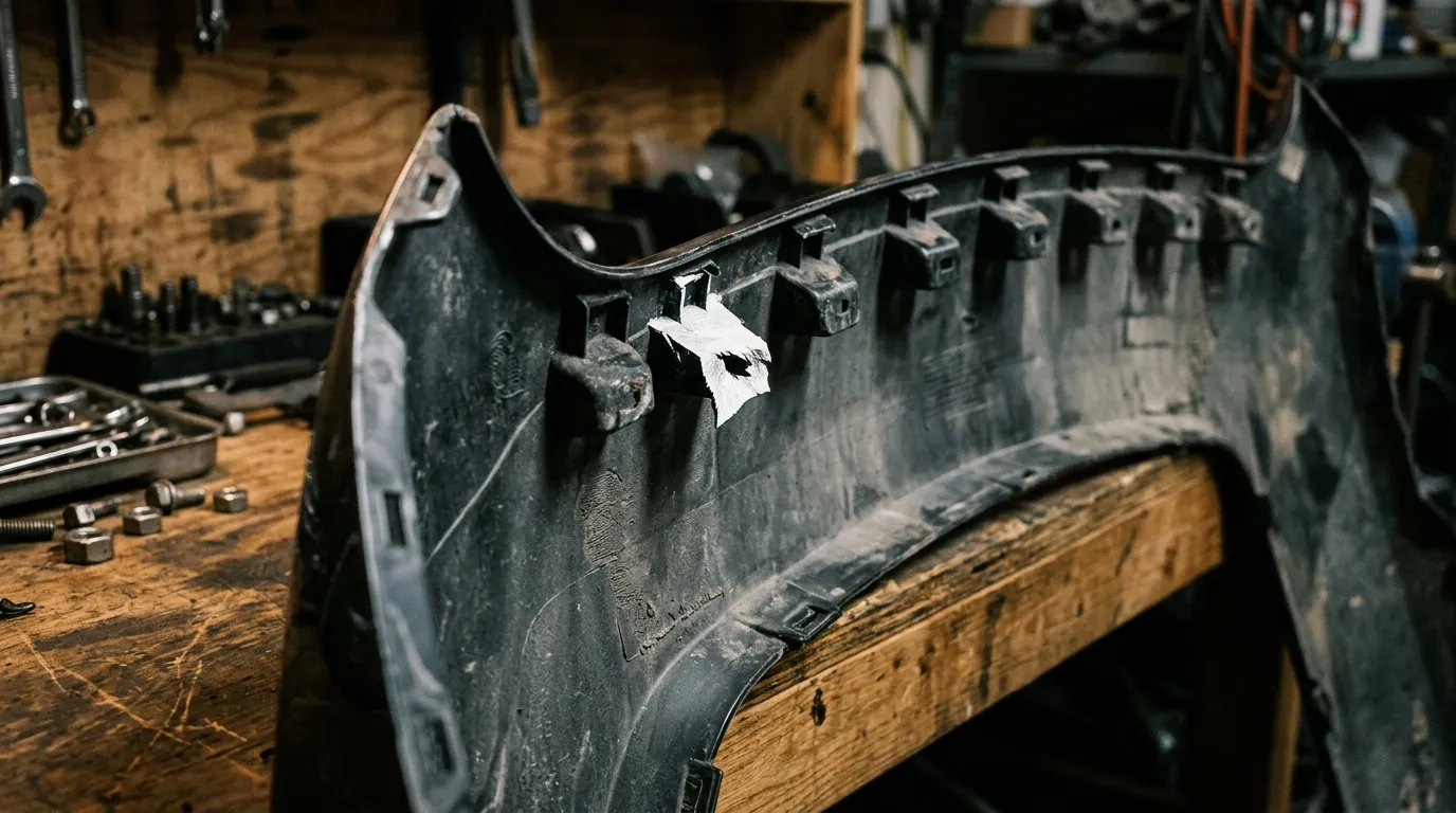 Back side of a used bumper cover on a workbench showing plastic mounting tabs with one snapped off