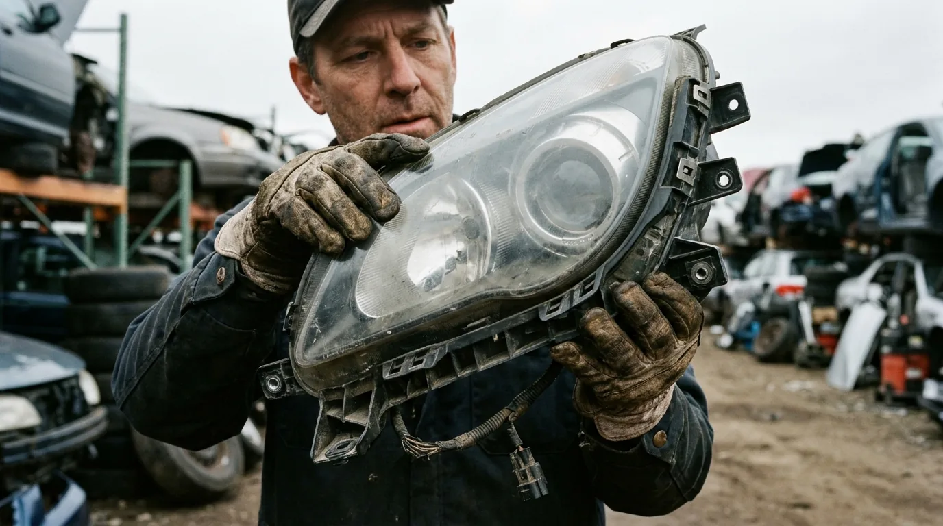 Hands holding a used headlight assembly up to daylight to inspect the lens and mounting tabs