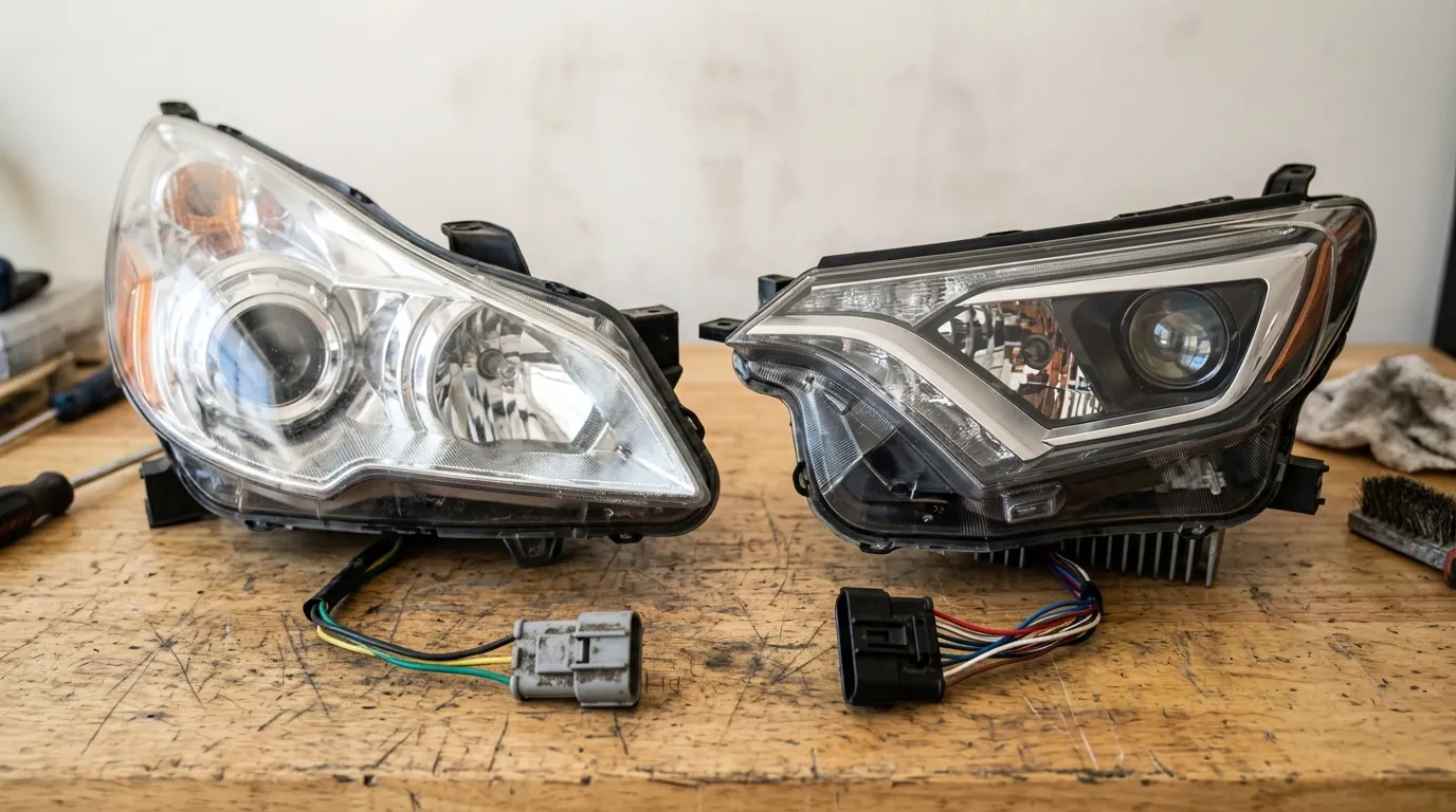 Halogen reflector headlight next to LED projector headlight with different connectors