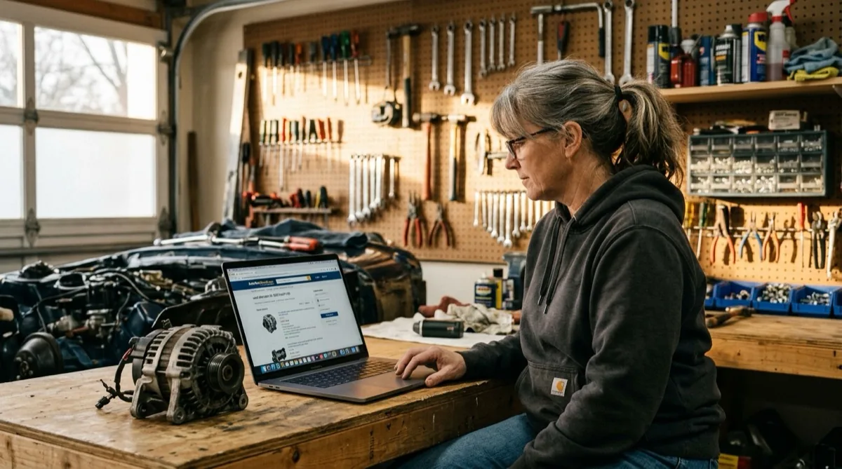 A person searching for used auto parts on a laptop with a used alternator on the desk beside them in a home garage