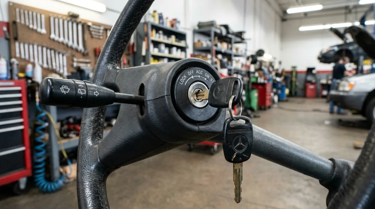 A car ignition switch assembly with a key inserted, showing the steering column and surrounding dashboard components in an auto repair shop