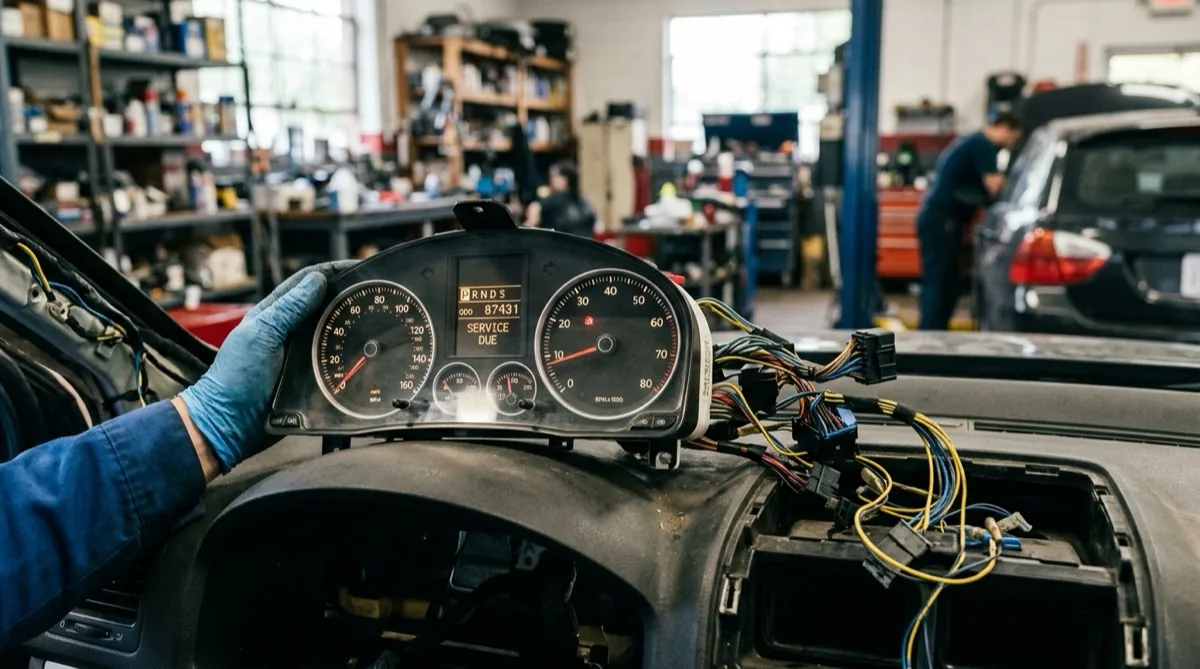 A vehicle instrument cluster with speedometer and tachometer gauges partially removed from the dashboard showing wiring connectors in a repair workshop