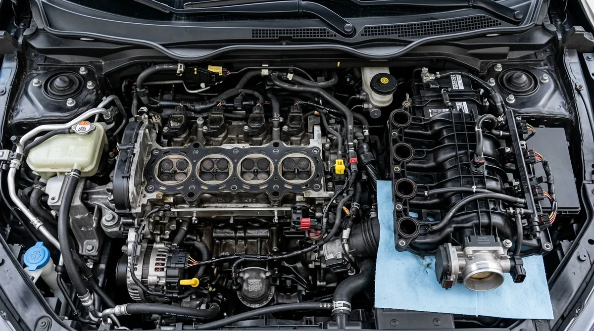 Overhead view of an open engine bay with the intake manifold removed showing intake ports and gasket surface