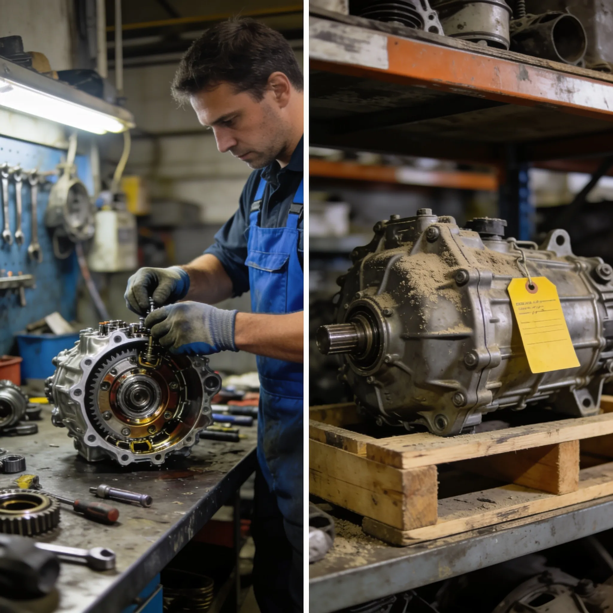 Split comparison showing a transmission rebuild shop vs a used transmission on a salvage yard shelf