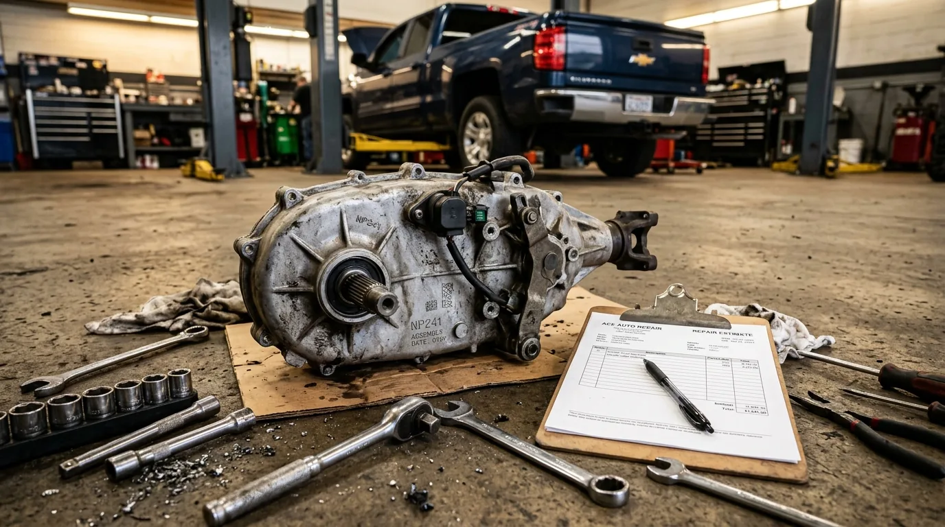 Transfer case on a shop floor next to a repair estimate clipboard with a truck on a lift in the background