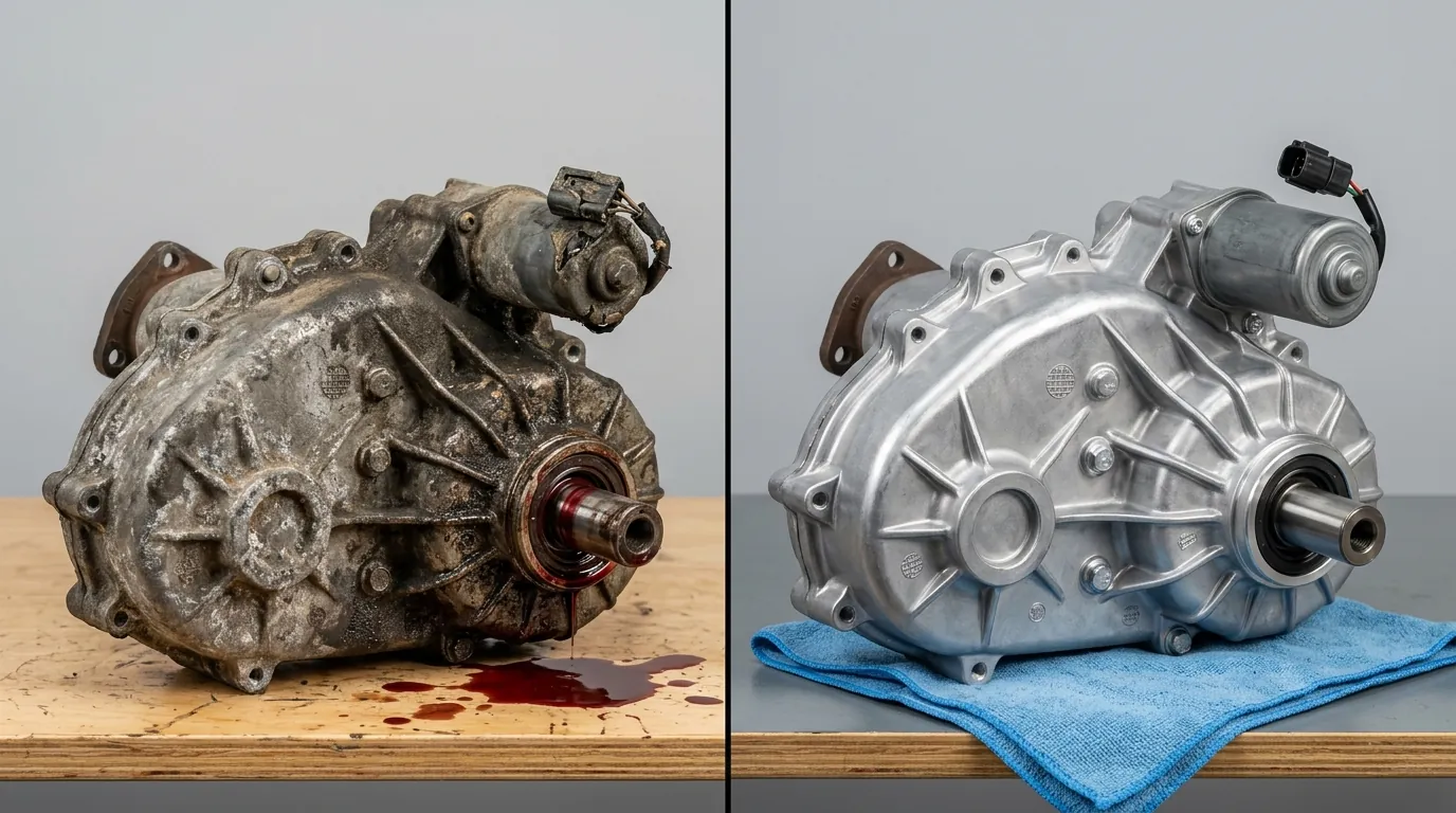 Side-by-side comparison of a worn transfer case with fluid leak and a clean Grade A used transfer case